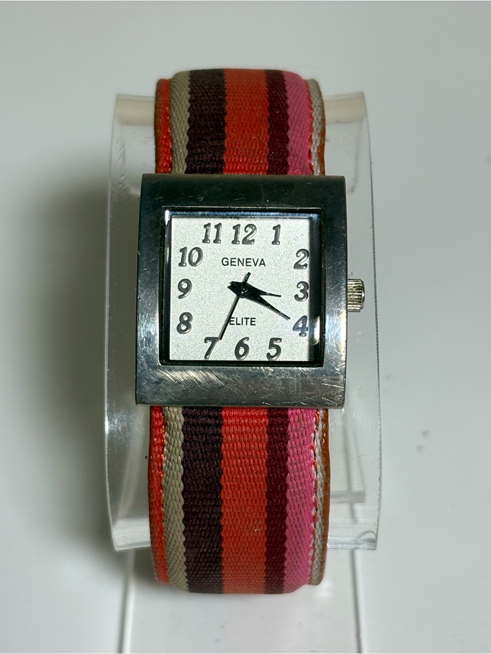 Geneva Elite Silver-Tone Square Watch with Pink, Red & Brown Striped Band